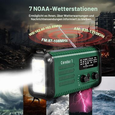 Радіо на сонячній батареї з ручним заводом 20000mAh, AM/FM, радіо для екстрених ситуацій, зарядний пристрій для телефону, SOS-сигнал, ліхтарик та лампа для кемпінгу та надзвичайних ситуацій, зелений