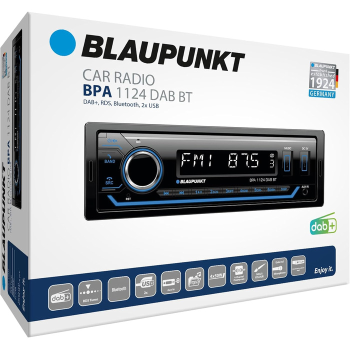 Автомагнітола Blaupunkt BPA 1124 DAB+ Bluetooth, 1-DIN, 200 Вт, 2xUSB, Aux, мультиколір, гучний зв'язок