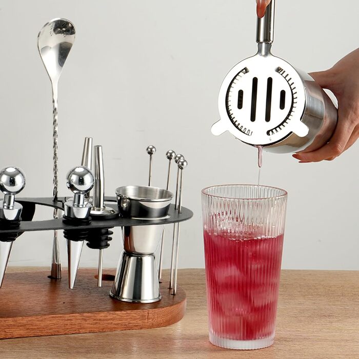 Набір бармена на 23 деталі з підставкою | Набір шейкерів для коктейлів з інструментами: шейкер Мартіні, сито, ложка, мадлер, для дому, бару, вечірки (колір коричневий)