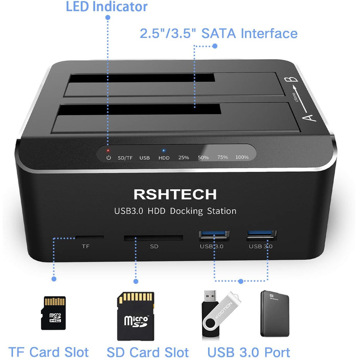 Док-станція для жорстких дисків RSHTECH з двома відсіками, USB 3.0, алюміній, підтримка 2.5/3.5