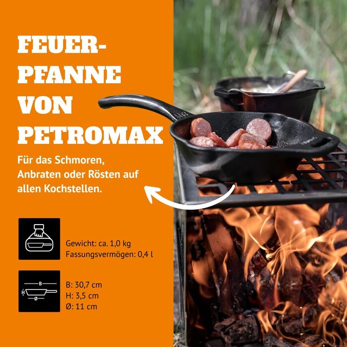 Petromax Frying Pan with Handle - Frying pan made of cast iron suitable for all types of grills and stovetops, gas flames, ovens, or outdoor cooking - Searing, simmering, and roasting with a non-stick effect - Diameter (15 cm)