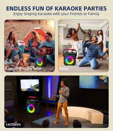Караоке машина для дорослих та дітей – портативна система з 2 мікрофонами, Bluetooth, TF, USB, AUX, TWS, динамік, чорна
