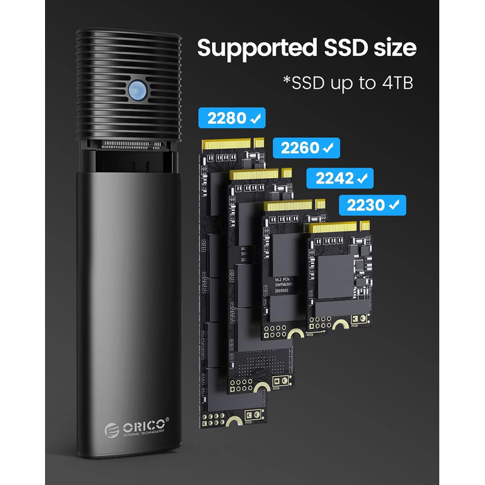 Зовнішній корпус-адаптер ORICO для M.2 NVMe та SATA SSD, USB 3.2 Gen 2 10Gbps, PCIe/NGFF B+M Key (2230/2242/2260/2280), алюмінієвий, без інструментів, PWDM2-BK, чорний