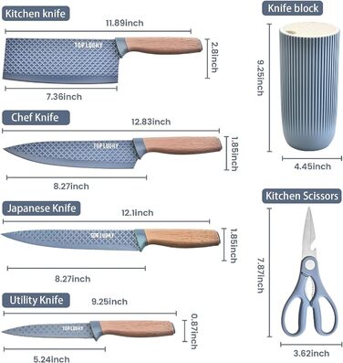 Набір кухонних ножів, 6 предметів: гострі ножі з нержавіючої сталі з антипригарним покриттям, набір для кухні з підставкою (блакитний)