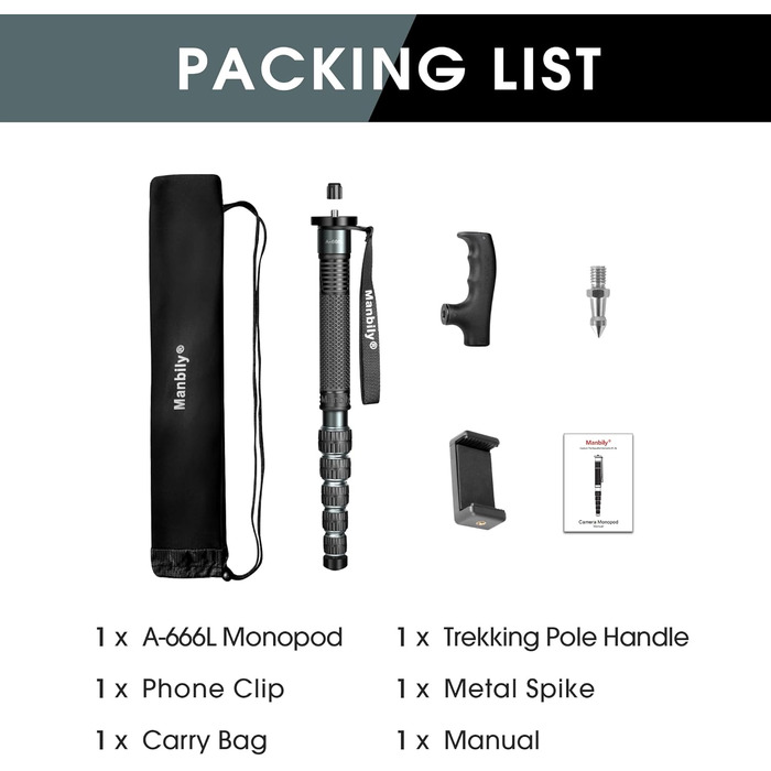 Монопод для камери Manbily 32мм з алюмінію, 44-174см, 6 секцій, з ручкою-гнітом, для DSLR, відеокамер, з кріпленням для телефону, до 15кг (металевий сірий)