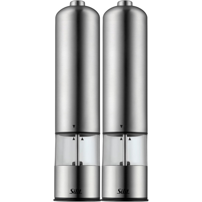 Silit Electric Grinder Set, 2-piece, 23 cm, Electric Salt and Pepper Grinder, Unfilled, Spice Grinders, Grinder for Salt, Pepper, Chili Peppers, Ceramic Grinder, Stainless Steel, Acrylic Glass