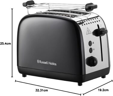 Тостер Russell Hobbs Colours Plus на 2 тости, нержавіюча сталь, чорний, з широкими відділеннями, підставкою для булочок, 6 режимів підсмажування, функцією розморожування, Lift & Look, 1600 Вт (26550-56)