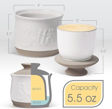 MAIA Ceramic 5.5 oz Butter Crock for Counter with Water Butter Spreader Holder for Spreadable Butter, French Butter Dish with Lid, Butter Keeper for Kitchen Counter, White Kitchen Décor