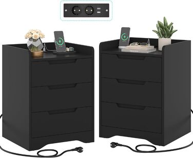 Комплект приліжкових тумб Brinlawb з LED підсвіткою та USB зарядкою, чорний, з 2 і 3 шухлядами, для спальні та вітальні