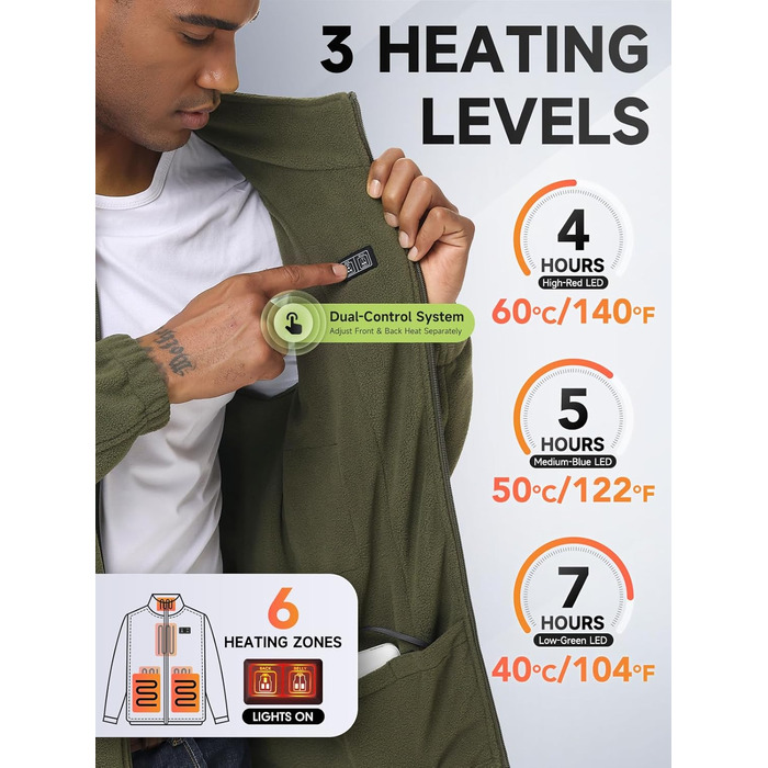 Обогрівальний жилет LABEWVI з акумулятором 10000mAh, чоловічий/жіночий, фліс Polar, USB, зелений