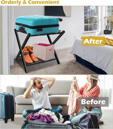 mocomax 1 Pack Folding Luggage Rack for Guest Rooms, Folding Suitcase Stand with Metal Shelf for Bedrooms, Living Rooms, Hotel Essentials, Robust Steel Frame, Black