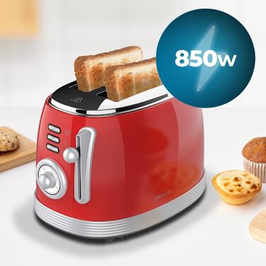 Тостер Cecotec Toaster 2 Scheiben Toast&Taste 1000 Retro Double: 980 Вт, 2 слоти, нержавіюча сталь, регулювання потужності, піддон для крихт (червоний)