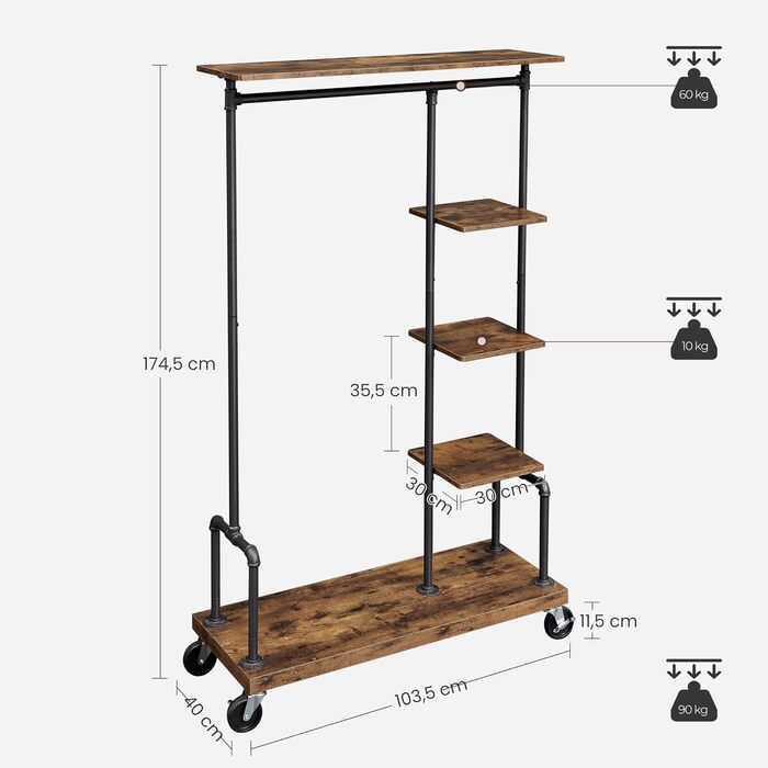 VASAGLE Clothes Rack on Wheels, Coat Rack, Clothes Rail with 5 Shelves, 40 x 103.5 x 174.5 cm, Industrial Design, Steel Frame, Vintage Brown-Black HSR66BXV1