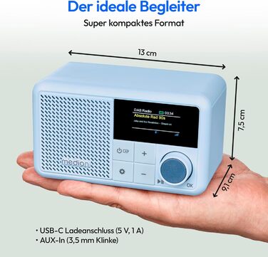 MEDION S66822 Портативне міні-радіо DAB+ з Bluetooth, акумулятор до 6,5 годин, кольоровий дисплей, телескопічна антена, таймер сну, будильник, AUX, USB-C, зелений (блакитний)