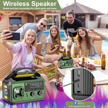 Радіо з ручним заводом та сонячною панеллю Kurbelradio - 27000mAh, AM/FM, LED, USB, SOS, для кемпінгу та надзвичайних ситуацій (оливковий)