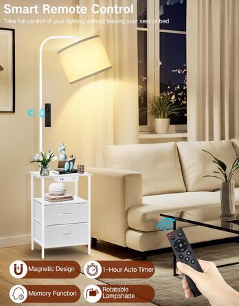 Стійка лампа для вітальні з поличкою та столиком, диммування LED, пульт керування, 3 колірні температури, приліжний столик з підзарядкою, дерев'яний столик для спальні/офісу (білий з шухлядами)