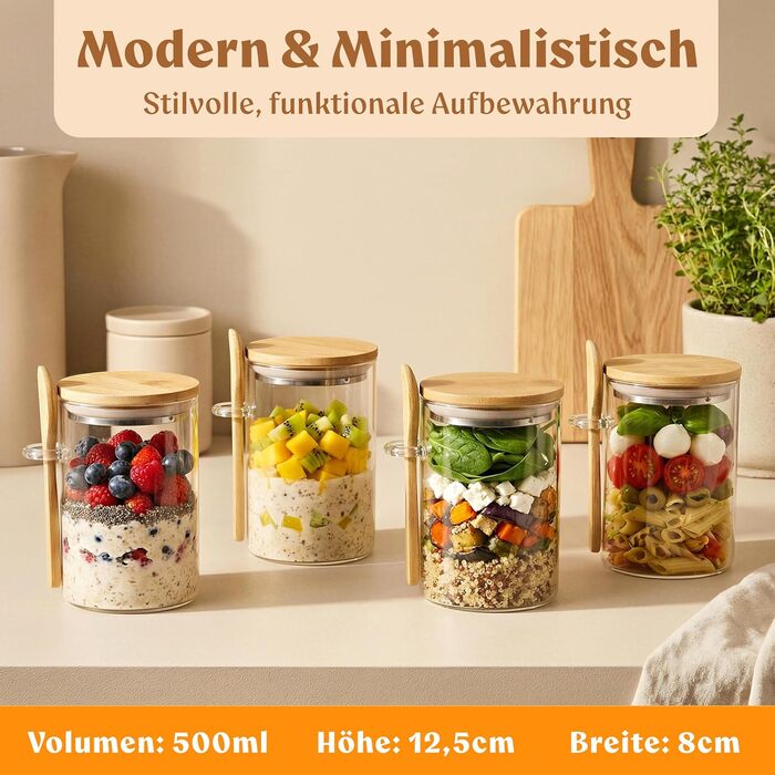 EDELHAUS Банки для Overnight Oats 4x500 мл з кришками, етикетками та ложками - герметичні скляні банки для вівсянки, йогурту, чиа-пудингу, спецій