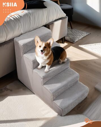 KSIIA Dog Stairs for Small Dogs 44cm High, Pet Stairs with Removable Washable Cover, Cat Stairs for Old Cats and Dogs, Non-Slip Dog Ramp Dog Stairs for Bed Sofa, Grey (5 steps (L75 x W40 x H55 cm))