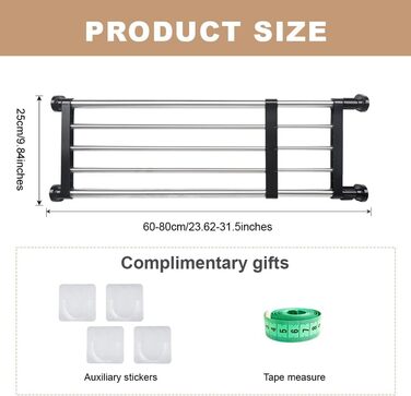 Hershii Extendable Closet Shelf, Retractable Closet Organizer, Adjustable Closet Divider, Pull-Out Closet Rod, Closet Metal Storage, for Wardrobe, Kitchen, Bathroom, Black (60-80cm/23.62-31.5inches)