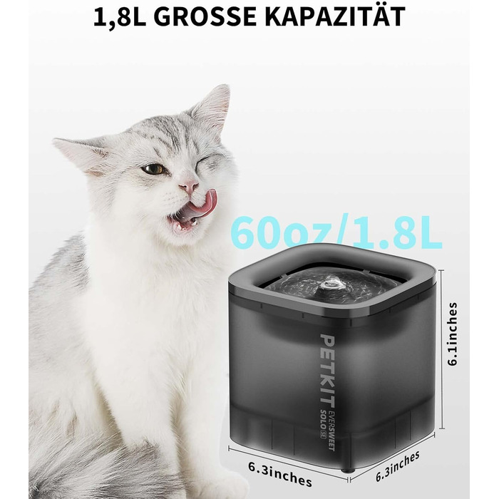 PETKIT CyberTail: Фонтанчик для котів та собак, 1.85л, LED-підсвічування, тихий, бездротова помпа, білий/темно-сірий