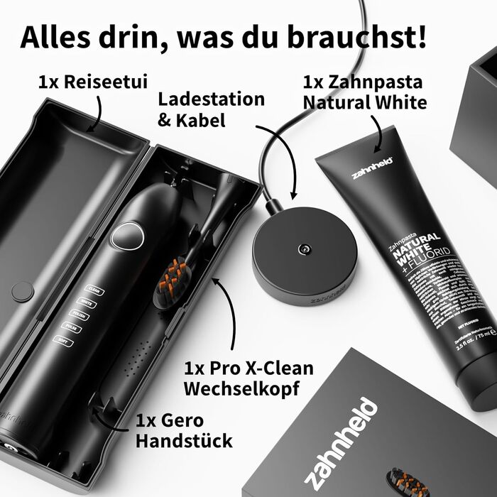 Zahnheld GERO G3 Електрична звукова зубна щітка з кейсом та насадкою | Відбілююча паста Natural White | 5 режимів чищення, тривала робота від акумулятора, чорний колір