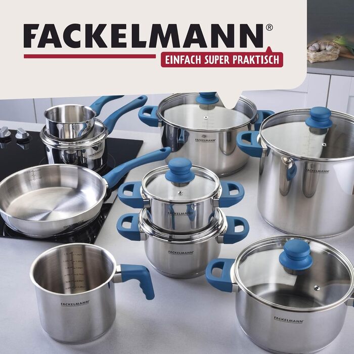 Каструля FACKELMANN Essential Ø16 см з нержавіючої сталі, з ергономічними ручками Softtouch, сучасний дизайн, для всіх типів плит, блакитна (з кришкою)