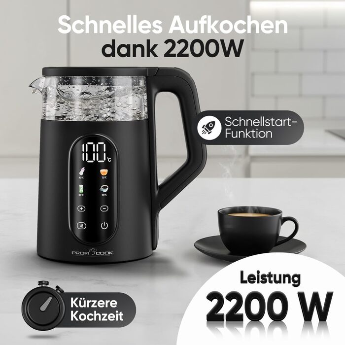 Скляний електрочайник ProfiCook PC WK 1328 G з регулюванням температури 40-100°C, 1.7л, 2200Вт, функція підігріву та швидкого старту