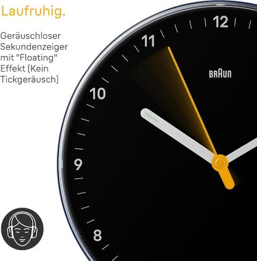 Braun Classic Analog Wall Clock with Silent Quartz Movement, Easy to Read, 23 cm Diameter in Black, Model BC26B.