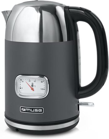 Електричний чайник зі сталі Muse Retro з аналоговим термометром, фільтром, прозорою шкалою, об'ємом 1,7 л, автоматичним відключенням, матовий золотий (MS-030 BC) (Сірий)