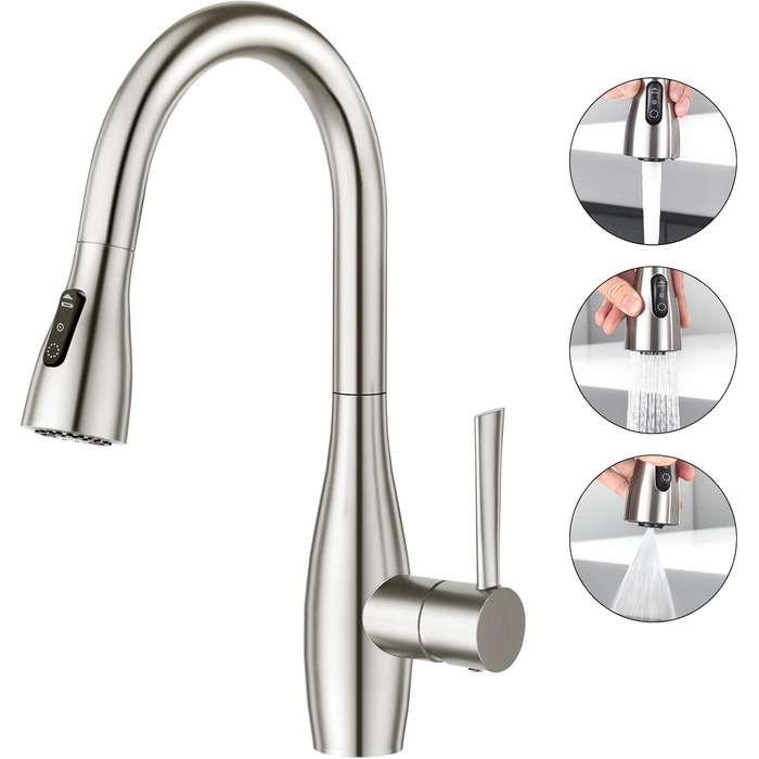 Кран кухонний CREA з 3 функціями: душ, висувна лійка, поворот 360°, нержавіюча сталь