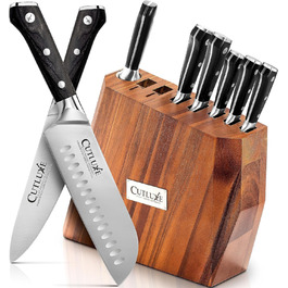 Набір ножів CUTLUXE Artisan Serie 8 предметів з бруском: кухарський ніж, сантoku, ніж для м'яса та інші. Виготовлено з високоякісної вуглецевої сталі, повнорозмірний клинок, блок з натурального акації.