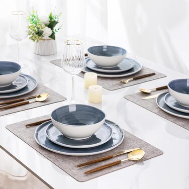 Набір посуду LERATIO з кераміки для 4 особи: тарілки та миски з кераміки, стійкий до сколів та тріщин, підходить для миття в посудомийній машині, мікрохвильовій печі та духовці, реактивна глазур (Сервіз на 6 осіб, блакитний)