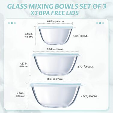 Luvan Glas Mixing Bowls with Lids 3-Piece Set (4.2 L, 2.5 L, 1 L), Large Round Salad Bowls for the Kitchen, ideal for Storing Food, Cooking, Baking, Preparing, Dishwasher Safe
