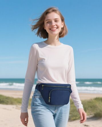 Чоловіча та жіноча бананка на пояс, стильна сумка-бананка з 4 кишенями на блискавці та регульованим ремінцем, ідеальна для подорожей та піших прогулянок (Запатентовано), колір: темно-синій