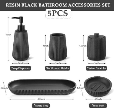 Набір аксесуарів для ванної кімнати KASUNTING, чорний, 5 предметів, штучний камінь