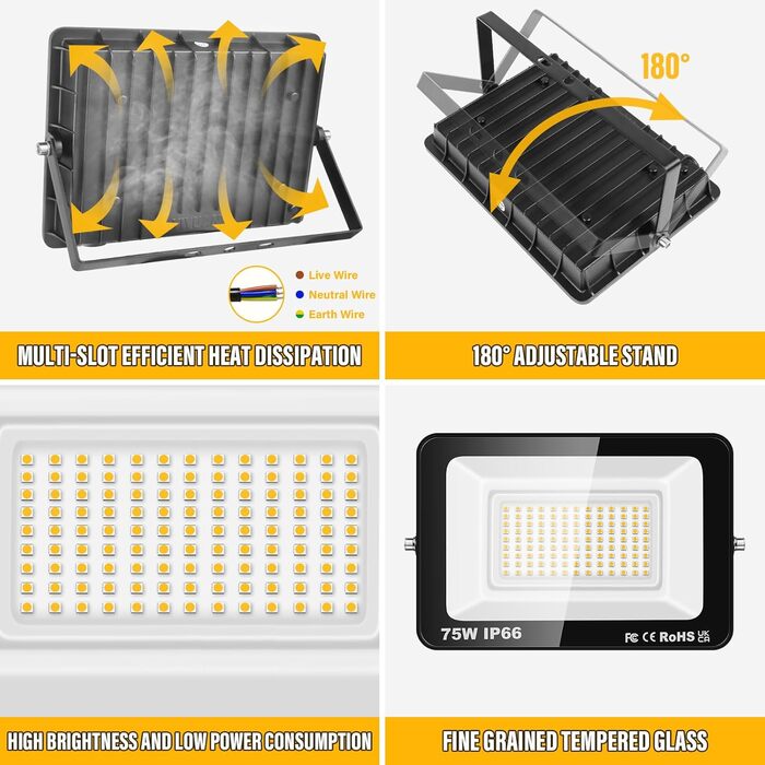 RIGIDON 2x 75W LED Floodlights Outdoor, 7500LM Outdoor Floodlight, 3000K Warm White IP66 Waterproof LED Floodlight Spotlight, Outdoor Lamp for Garden, Courtyards, Garage, Hotel, Sports Field, Workshop