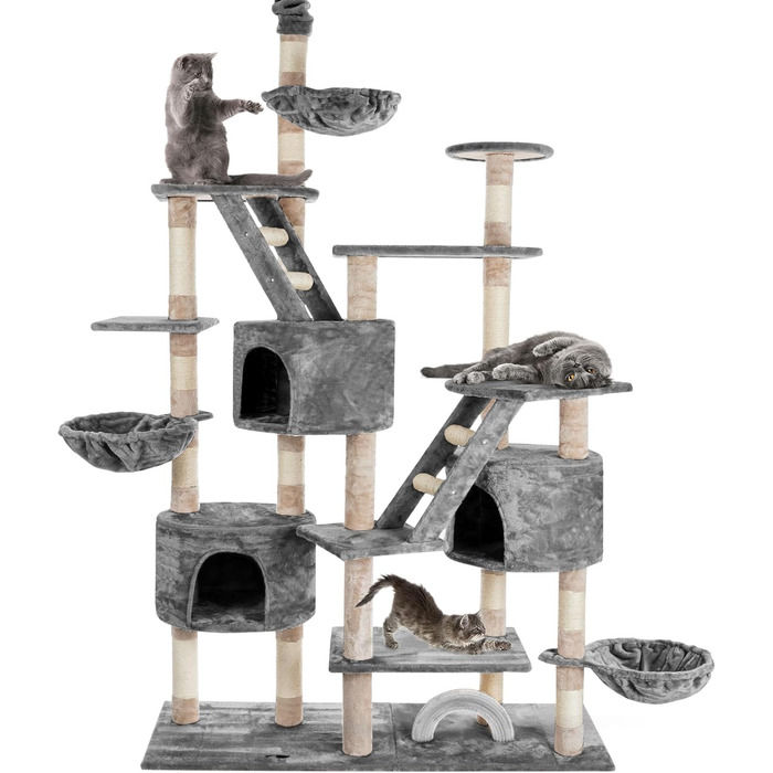 HAPPYPET Дряпка для котів 260 см – велика, стійка, для кількох котів, з аксесуарами, сіра