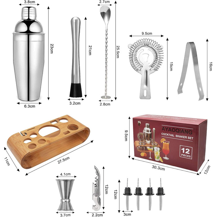 Cocktail Set, Stainless Steel Cocktail Shaker Bar Set, 12-Piece Cocktail Mixer Set with Wooden Stand, Measuring Cups and Bar Spoon, 750ml Shaker Cocktail Set for Home or Bar