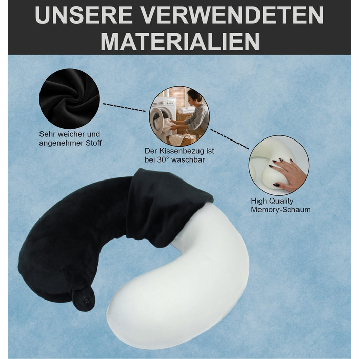 Подушка для шиї Essentials з піною з пам'яті (100%) - U-подібна, з м'яким велюровим чохлом - для подорожей, авто, літака, офісу та дому (Чорна)