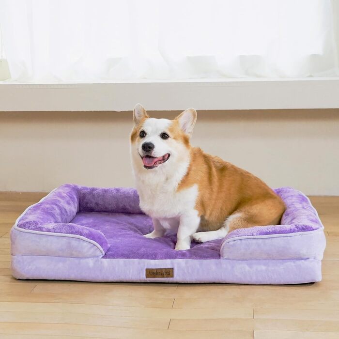 Ортопедичне ліжко для собак BELLA & PAL, 71x59 см. Зручне ліжко-софа для маленьких та середніх собак. Без монтажу, піна з ефектом пам'яті, водовідштовхувальний вкладиш, фланелевий знімний чохол, антиковзаюче дно. Розміри: 91.5 x 68.5 x 16.5 см, фіолетовий