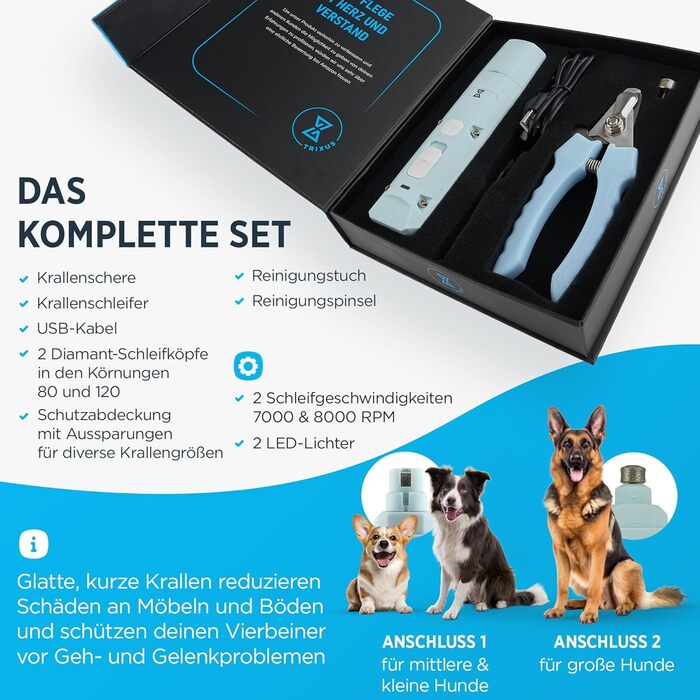 Тріксус - професійний точилка для кігтів собак та котів з ножицями для кігтів | 2 швидкості, LED, безпечний, тихий, потужний | Набір для догляду за кігтями для собак та котів різних розмірів