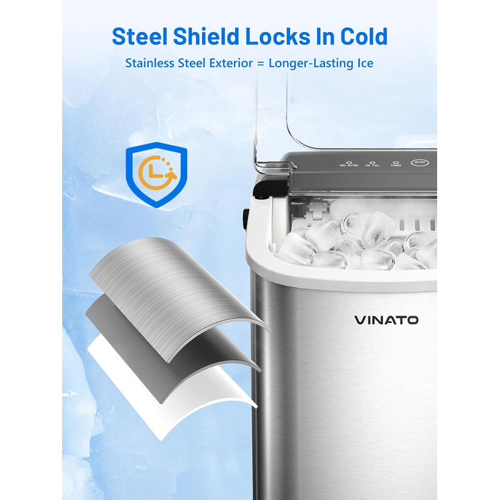 Машина для приготування льоду VINATO, компактна, 9 кубиків за 6-8 хвилин, портативна, продуктивність 12 кг/24 год, тиха робота, з лопаткою та кошиком для кухні, офісу, бару та вечірки, срібна