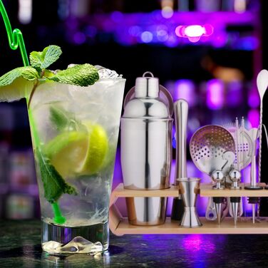 Набір для коктейлів Relaxdays 16 предметів: барний набір зі стійкою, шейкер, джигер, барна ложка, щипці, нержавіюча сталь та бамбук, сріблястий/натуральний