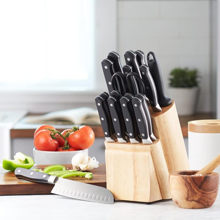 Amazon Basics Premium Knife Block Set, 9-Piece, Black - Includes 18 Knives