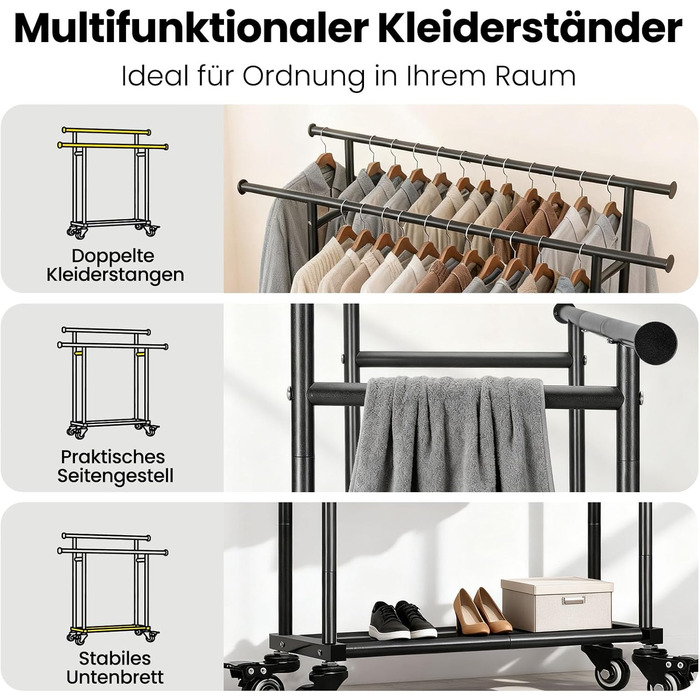 Стійка для одягу Treeboy на колесах, мобільна вішалка для одягу з 2 перекладинами та полицею, міцна до 95 кг, легко ковзаючі колеса, швидкий монтаж для спальні, вітальні, пральні, гардеробної (Чорний, 41Tx113Bx162H(2Rods))
