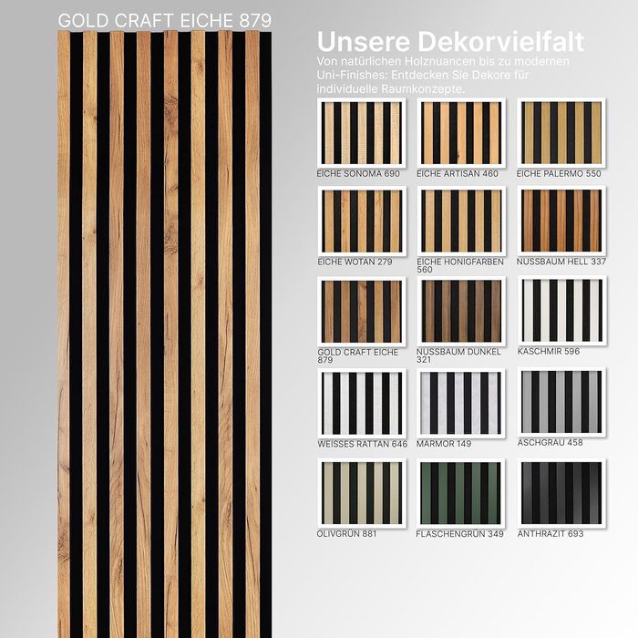 Акустичні настінні панелі SPAZIO (дуб Gold Craft 879), 260x54 см, комплект 2 шт. (260x27 см) на фільці