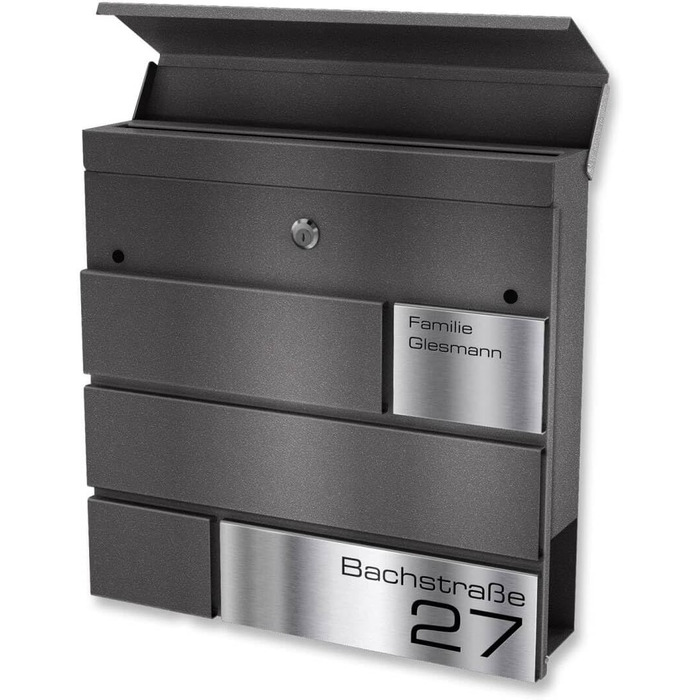Поштова скринька Metzler G антрацит, порошкове покриття RAL 7016, гравіювання, табличка з нержавіючої сталі, настінний монтаж, 37x37x10.5 см