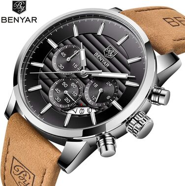 Годинник чоловічий Benyar: кварцовий хронограф, водонепроникний, з нержавіючої сталі, стильний аксесуар для бізнесу, спорту та відпочинку (колір: коричневий, срібний, чорний)