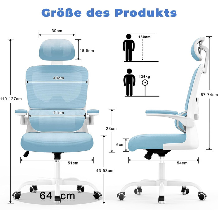 Ергономічне крісло Rattantree для офісу: регульована підголовник, підлокітники, підтримка попереку, поворотне, блакитне