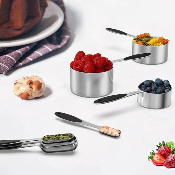 Measuring cup and measuring spoon set, stainless steel, 8 measuring cups, 10 measuring spoons, 1 level, 1 whisk, and 5 mini spoons, for dry and liquid ingredients, 25 pieces, multicolored